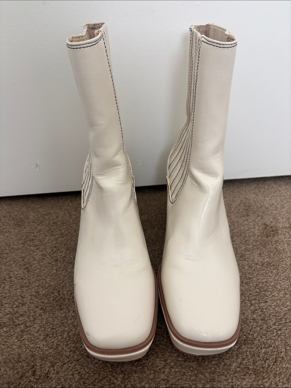 Urban Outfitters Cream Square-Toe Mid-Calf Booties